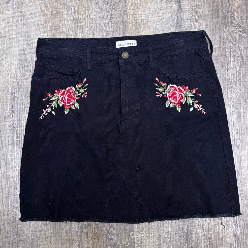 Blu Pepper Black Skirt with Red Floral Embroidery